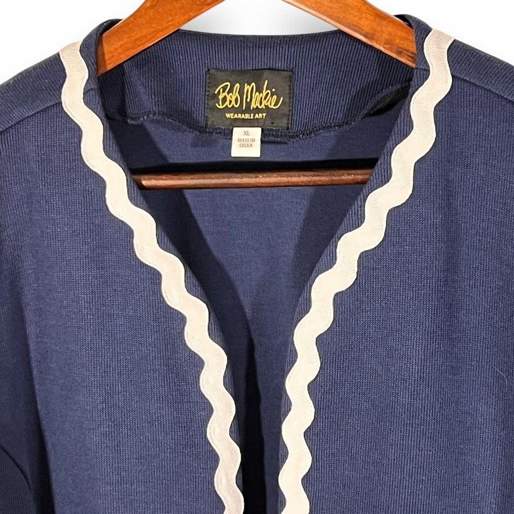 Bob Mackie Cardigan XS Navy Blue White Ric Rac Trim Cotton Knit NWT - Picture 4 of 10
